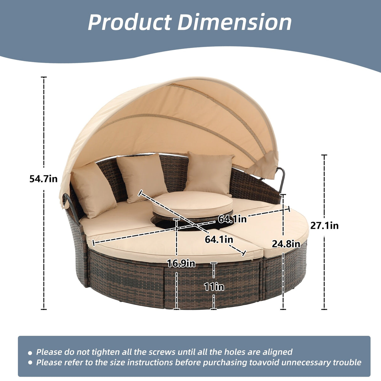 HOMEFUN Outdoor Rattan/Wicker Patio Rectangle/Round Sectional Cushioned Sofa with Retractable Canopy