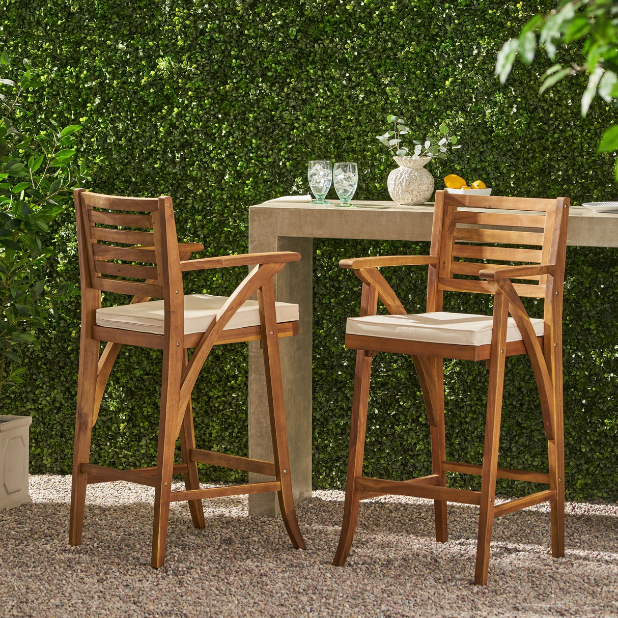 Hermosa Outdoor Acacia Wood Barstool with Cushion (Set of 2) by Christopher Knight Home