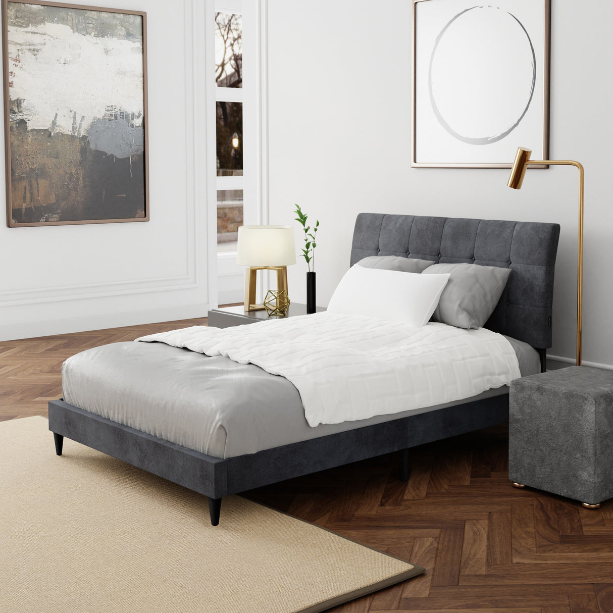 Hillsdale Furniture Blakely Button Tufted Upholstered Platform Bed w/ 2 Dual USB Ports, Dark Gray