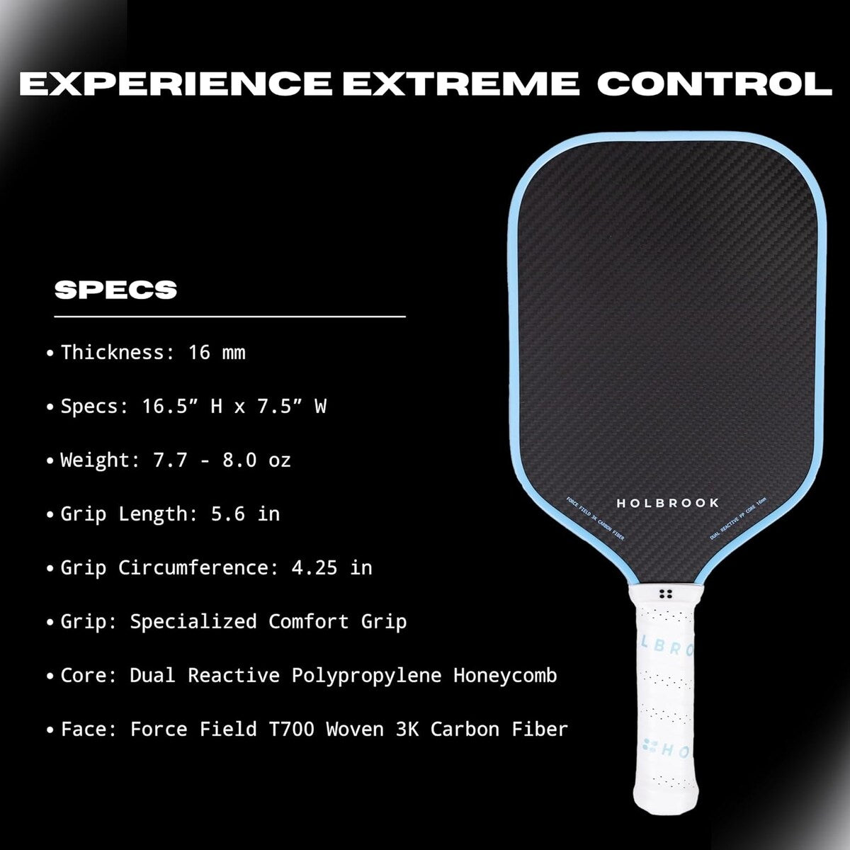 Holbrook Mav Pro Series 16mm Pickleball Paddles, T700 3K Carbon Fiber Surface, Blue