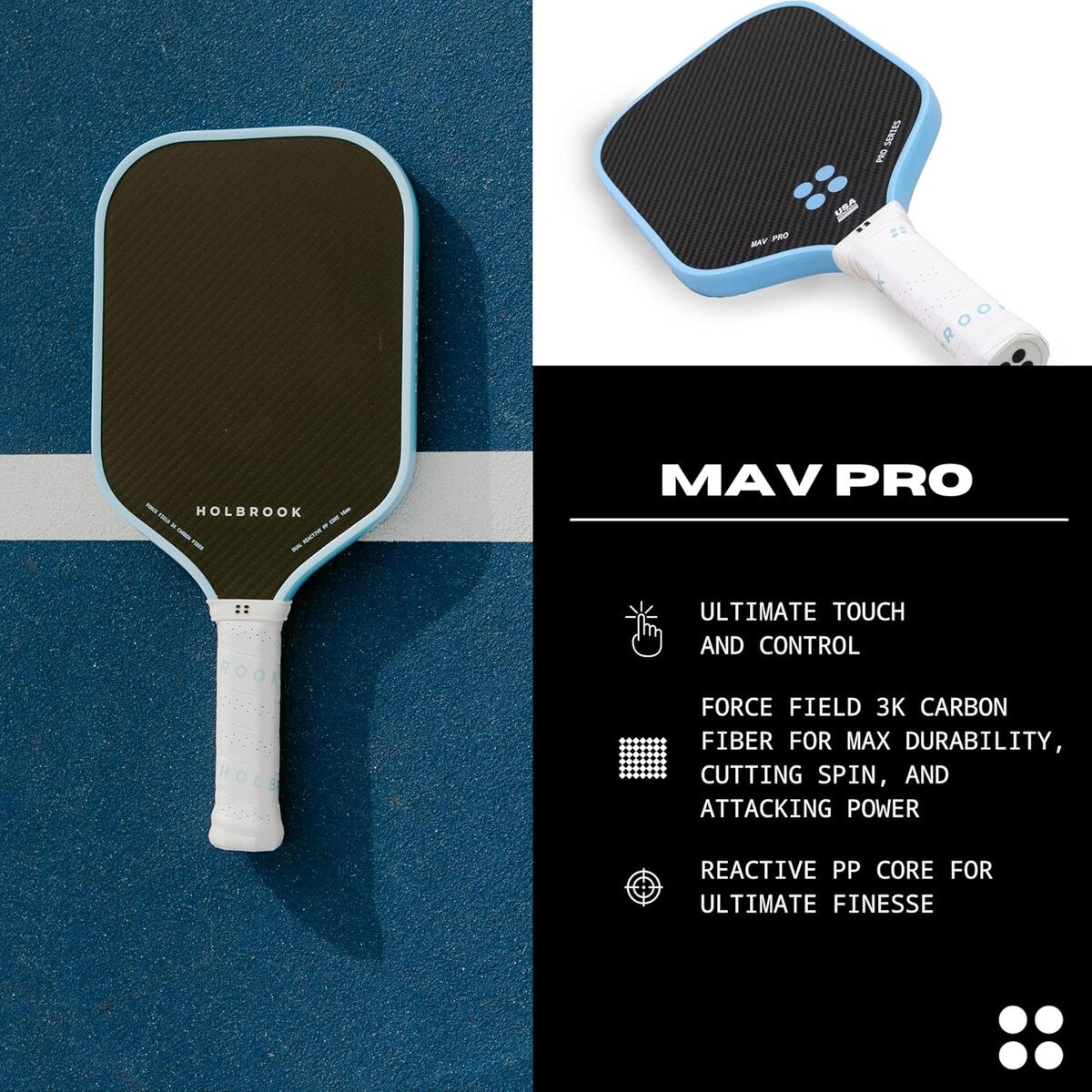 Holbrook Mav Pro Series 16mm Pickleball Paddles, T700 3K Carbon Fiber Surface, Blue