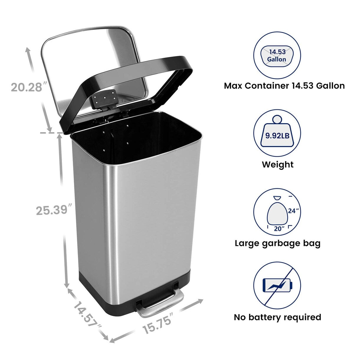 Innovaze 14.5 Gal./55 Liter Rectangle Step-On Stainless Steel Trash Can for Kitchen