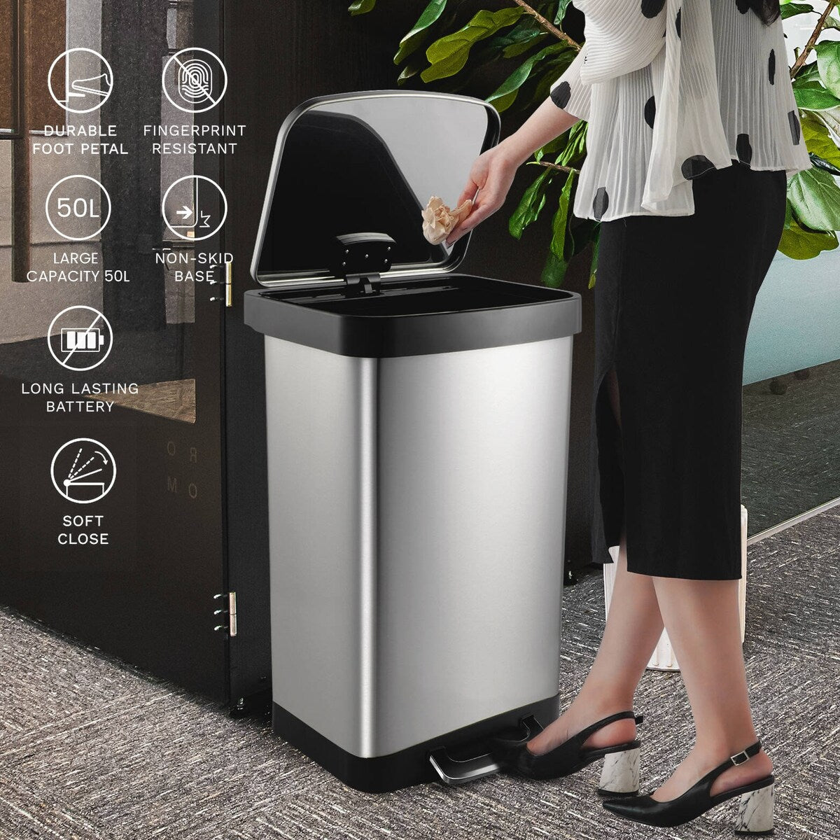 Innovaze 14.5 Gal./55 Liter Rectangle Step-On Stainless Steel Trash Can for Kitchen