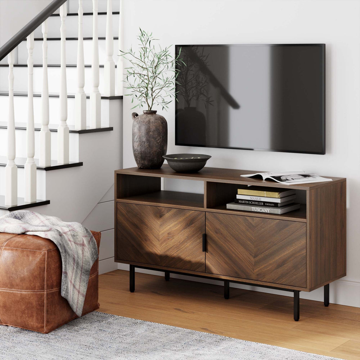 Izsak Media Console, TV Stand, Entertainment Cabinet with Herringbone Doors and Cubby Storage