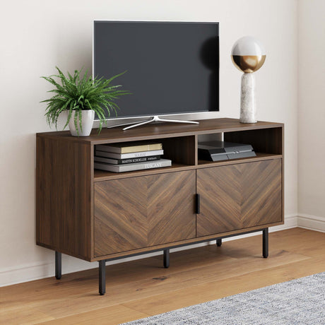 Izsak Media Console, TV Stand, Entertainment Cabinet with Herringbone Doors and Cubby Storage