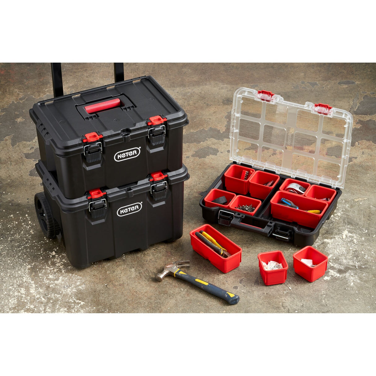 Keter Stack-n-Roll 3 Pc Mobile Tool Storage and Organization, Durable Resin Modular Toolbox System