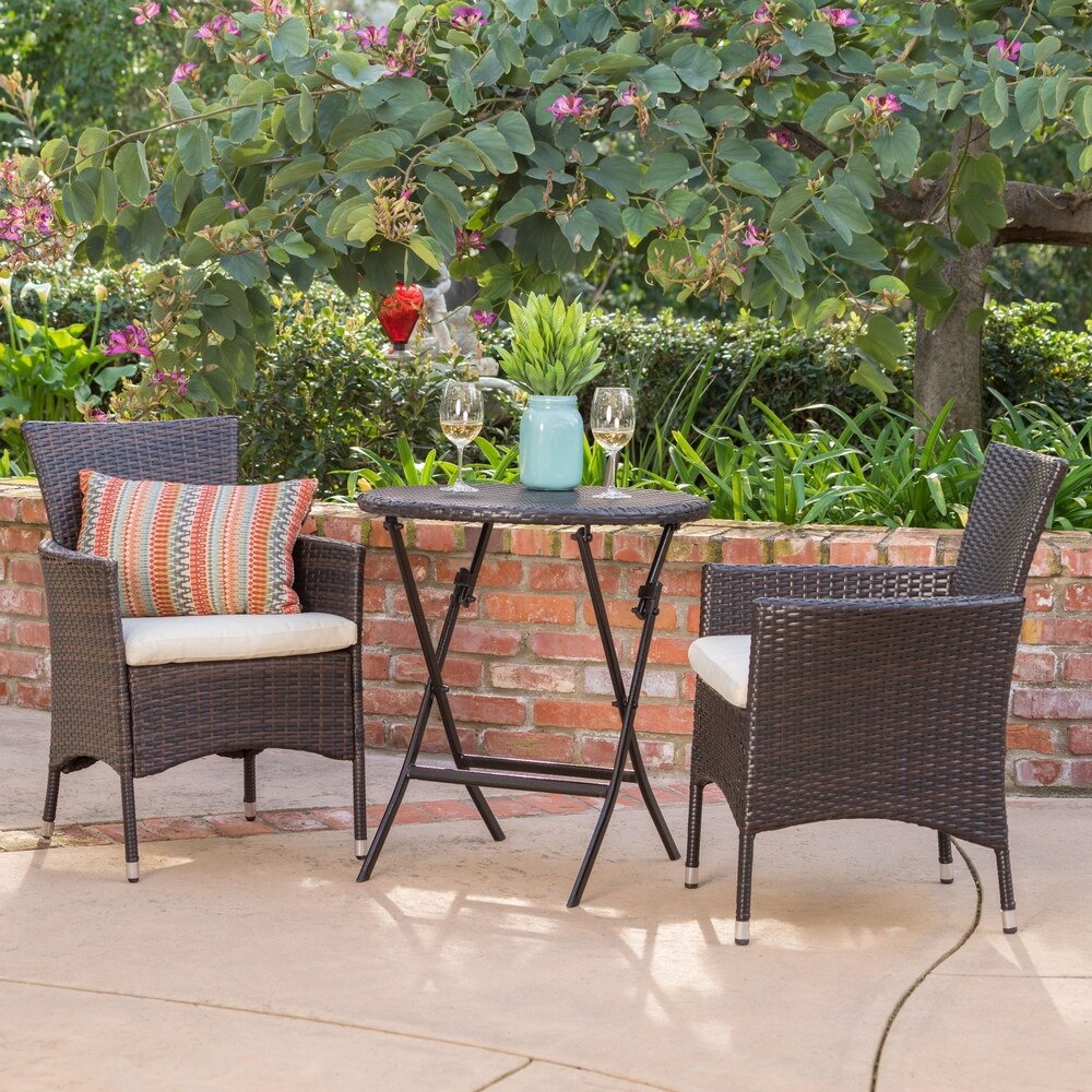 Malaga Outdoor 3-piece Round Wicker Dining Bistro Set with Cushions by Christopher Knight Home