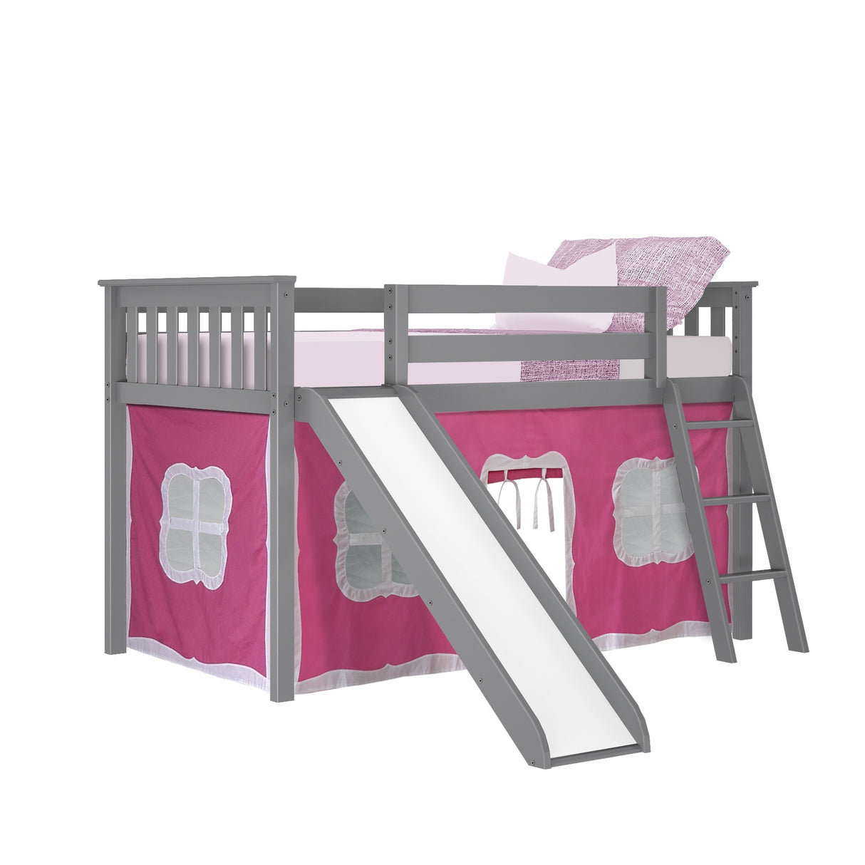 Max and Lily Twin Low Loft with Slide and Curtains