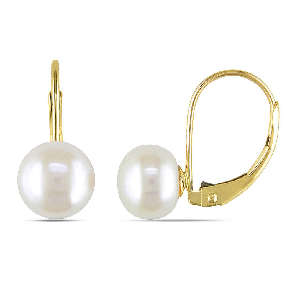 Miadora 10k Yellow Gold White Cultured Freshwater Pearl Earrings (7-7.5 mm)