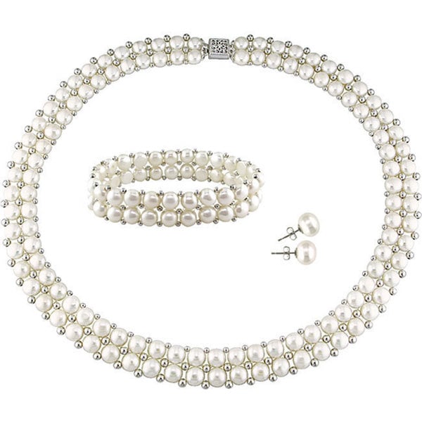 Miadora Sterling Silver Double Row Freshwater Cultured Pearl Strand Je