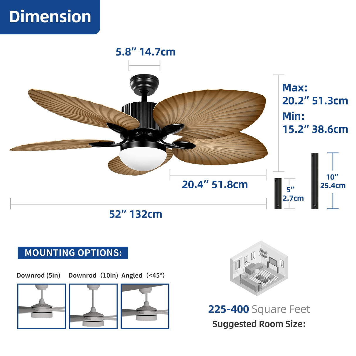 Moasis 52" Palm Leaf Ceiling Fan with Light Tropical Style with Remote