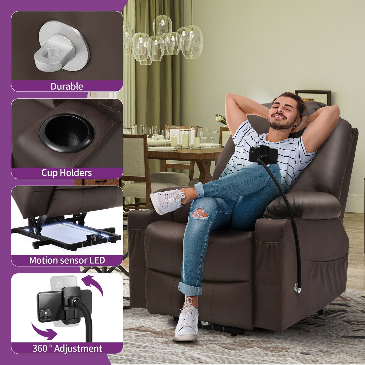 Moasis Reclining Chair PU Massage with LED and Mobile Phone Holder