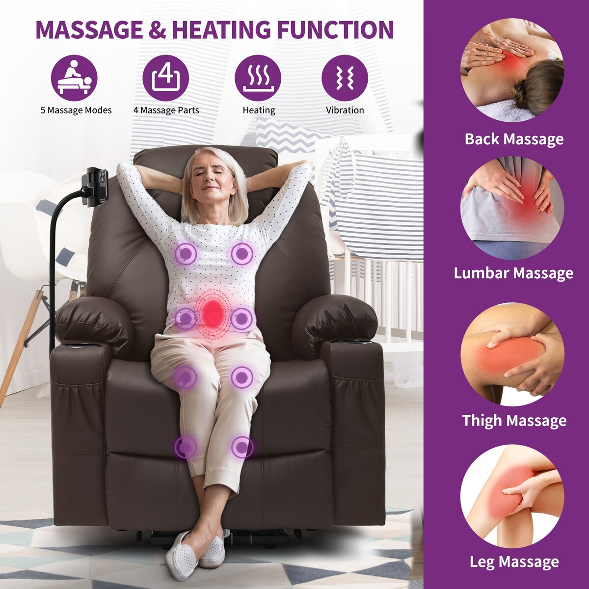 Moasis Reclining Chair PU Massage with LED and Mobile Phone Holder