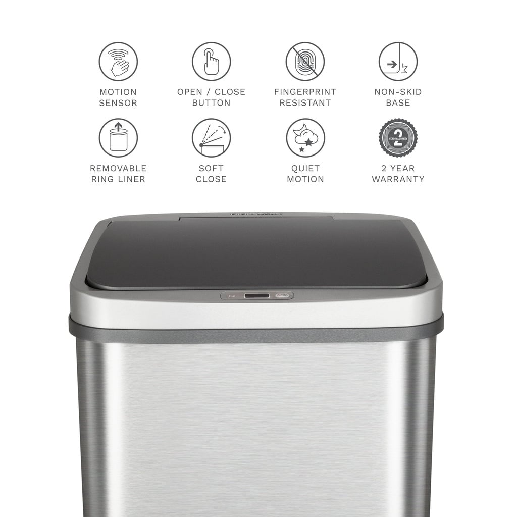 NINESTARS Rectangular Motion Sensor Trash Can 13.2 Gal./50 L Brushed Steel DZT-50-28BR