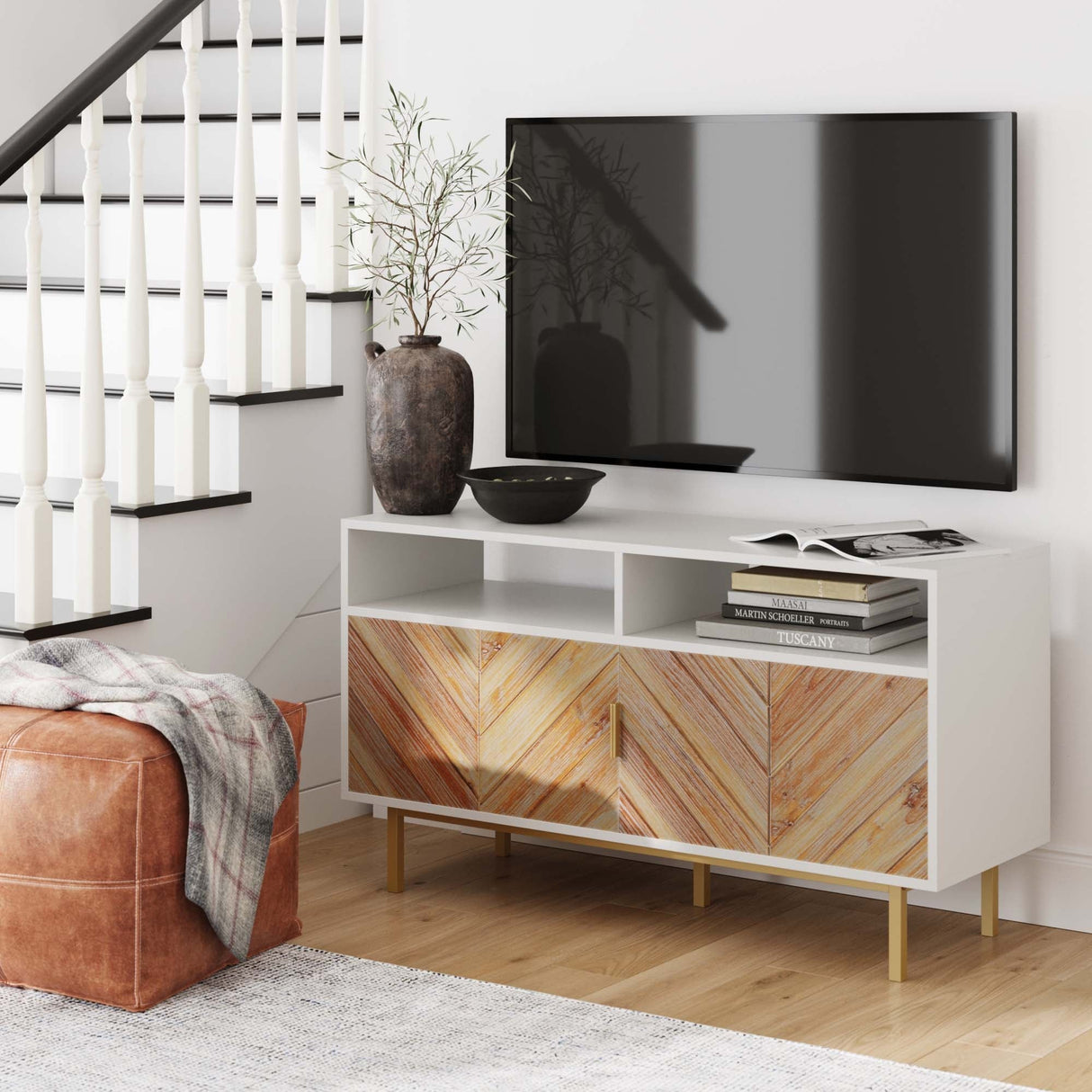 Izsak Media Console, TV Stand, Entertainment Cabinet with Herringbone Doors and Cubby Storage