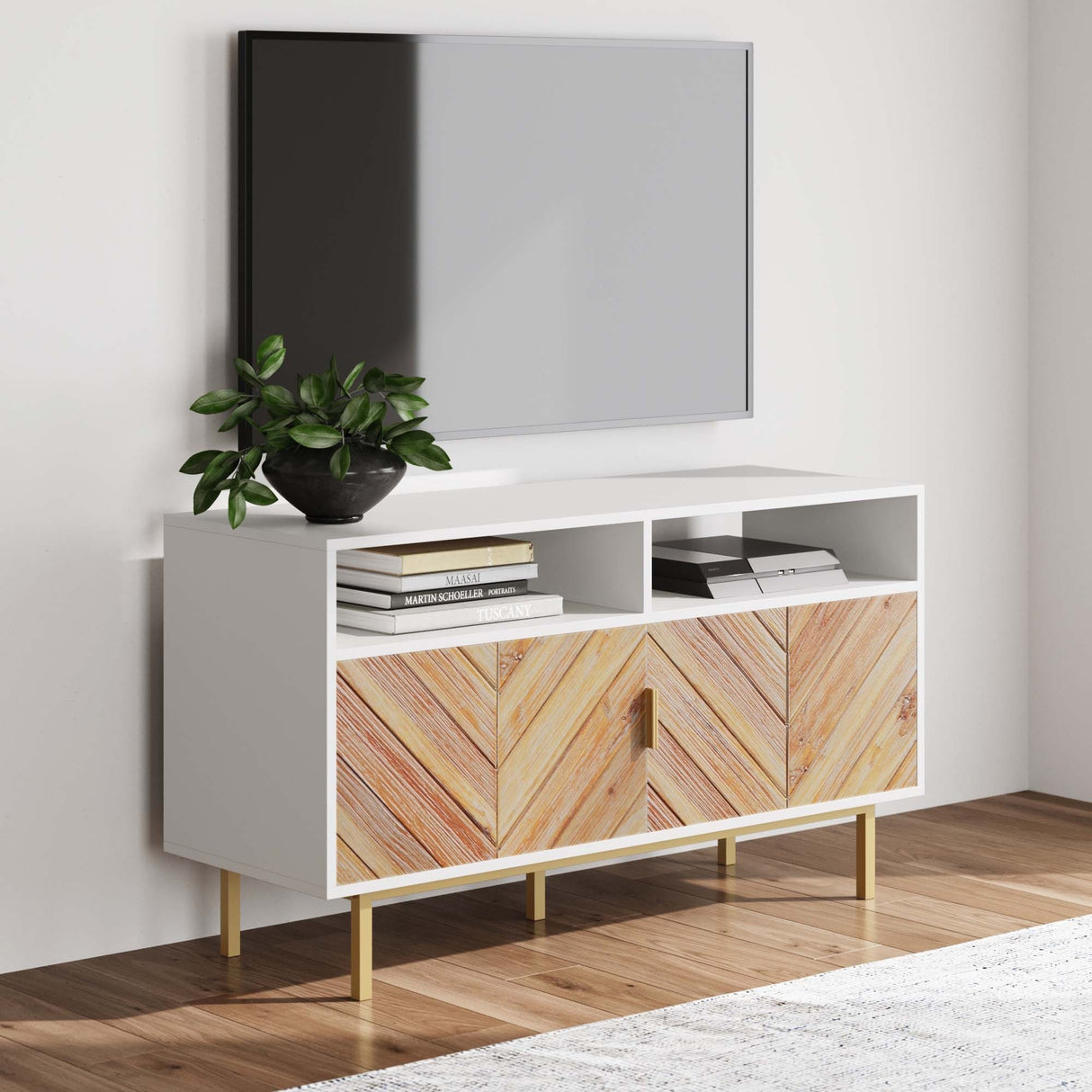 Izsak Media Console, TV Stand, Entertainment Cabinet with Herringbone Doors and Cubby Storage