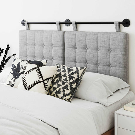 Nathan James Remi Wall Mount Tufted Headboard with Adjustable Straps and Black Metal Rail