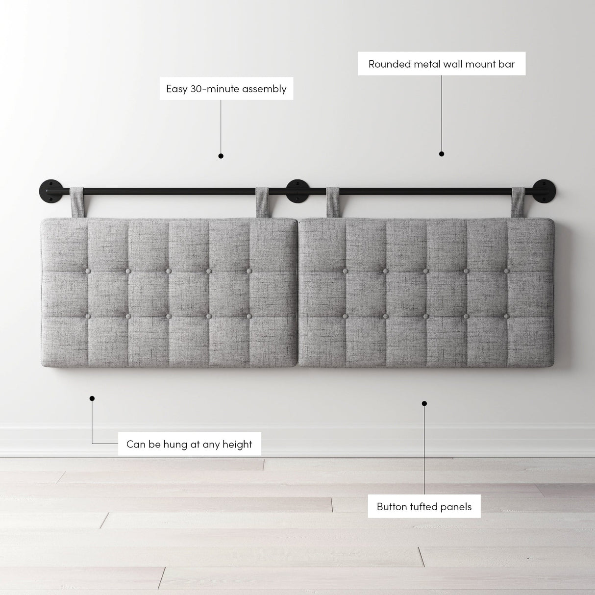 Nathan James Remi Wall Mount Tufted Headboard with Adjustable Straps and Black Metal Rail