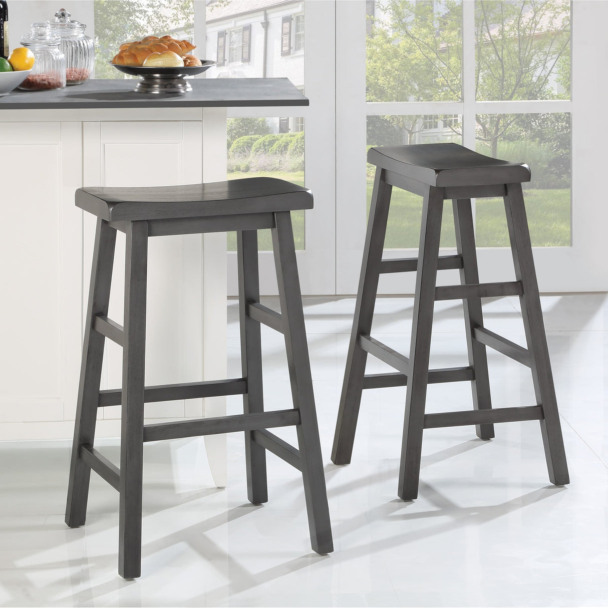 OS Home and Office Furniture Tulsa 29" Wood Saddle Stool 2-Pack in Grey Finish