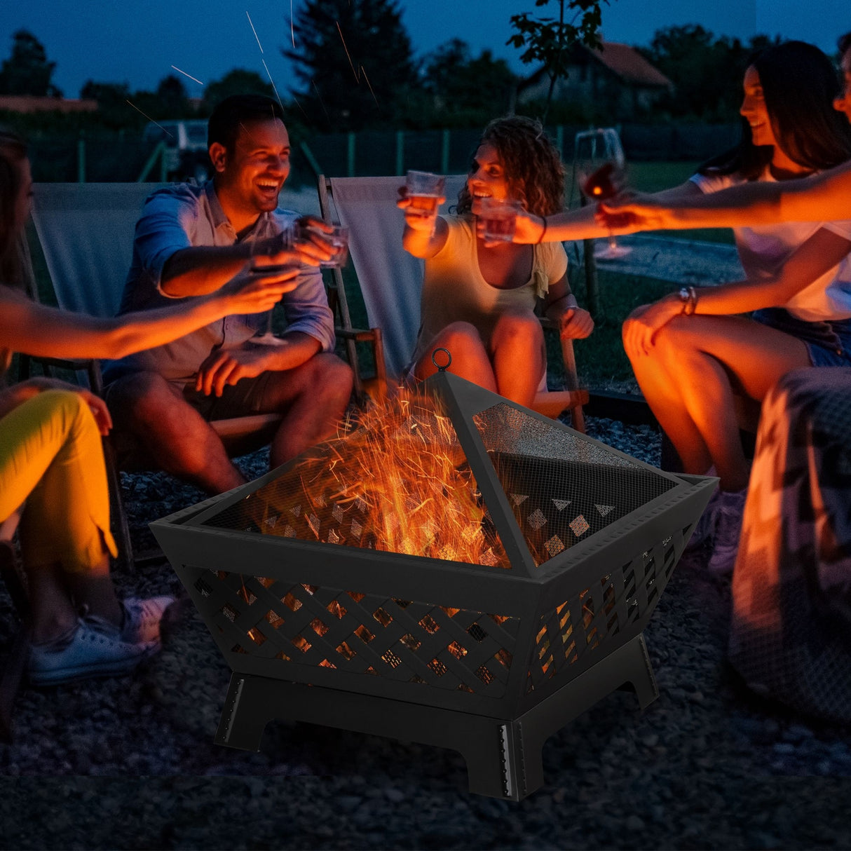 Outsunny Outdoor Fire Pit Bonfire with Spark Screen Cover, Log Burning Bowl with Poker for Patio, or Backyard, Black