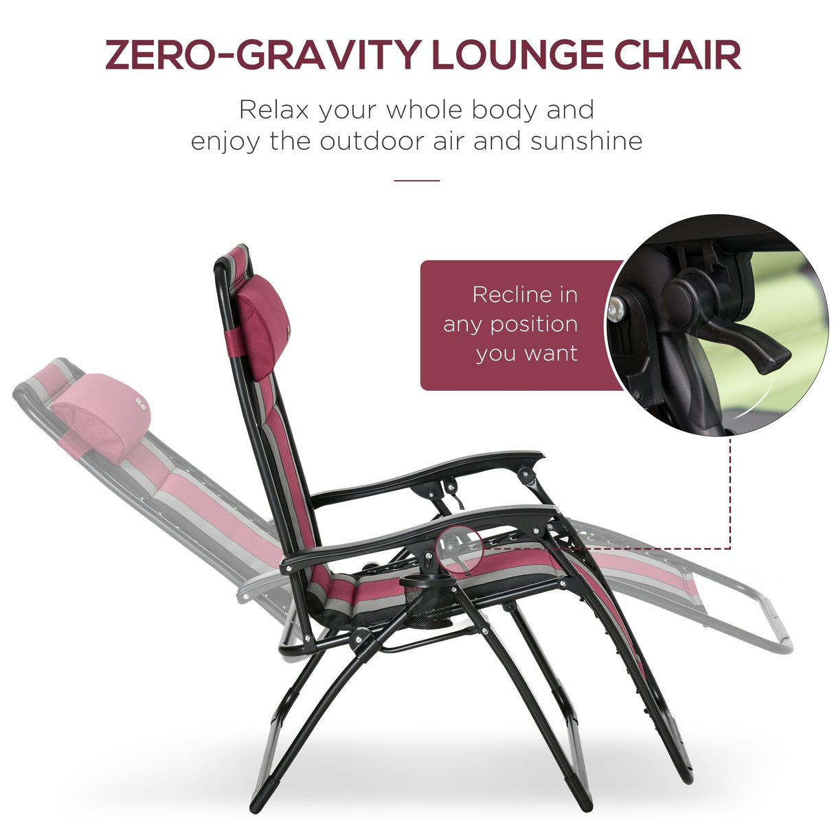 Outsunny XL Oversize Zero Gravity Recliner, Padded Patio Lounger Chair, Folding Chair with Adjustable Backrest, Cup Holder