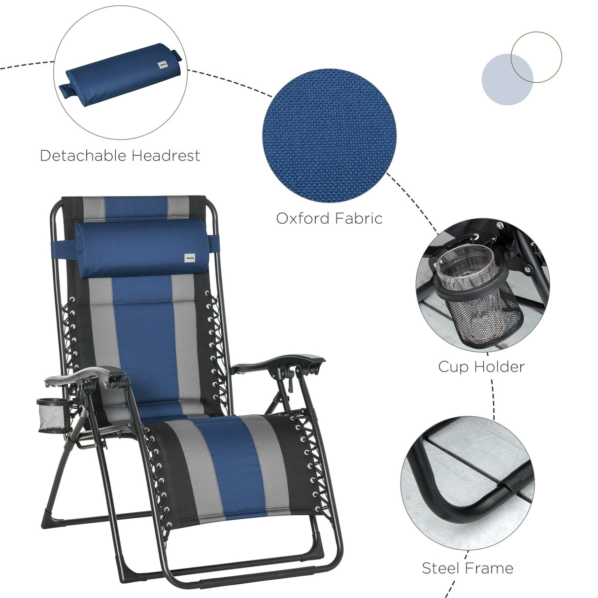 Outsunny XL Oversize Zero Gravity Recliner, Padded Patio Lounger Chair, Folding Chair with Adjustable Backrest, Cup Holder