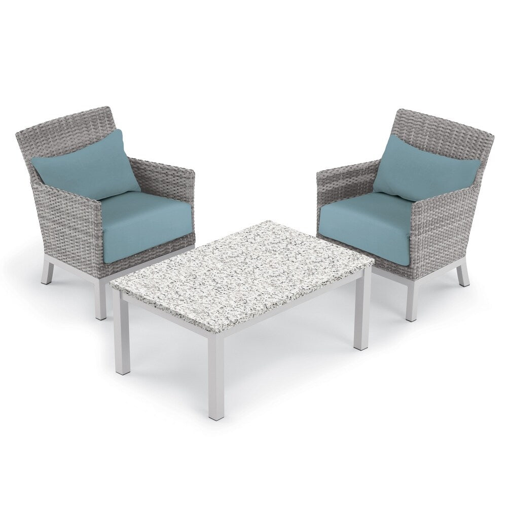 Oxford Garden Argento 3-piece Resin Wicker Club Chair & Travira Lite-Core Ash Coffee Table Set - Ice Blue Cushion & Pillow