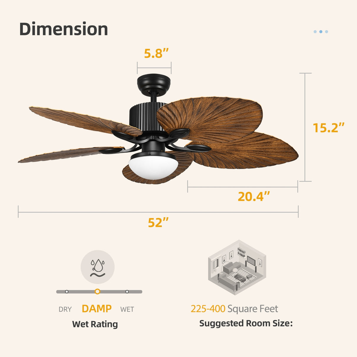 Moasis 52" Palm Leaf Ceiling Fan with Light Tropical Style with Remote