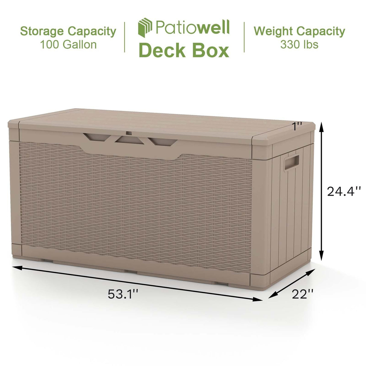 Patiowell 100 Gallon Waterproof Deck Box, Lockable Outdoor Storage Box with Air Rod for Garden, Backyard, Patio