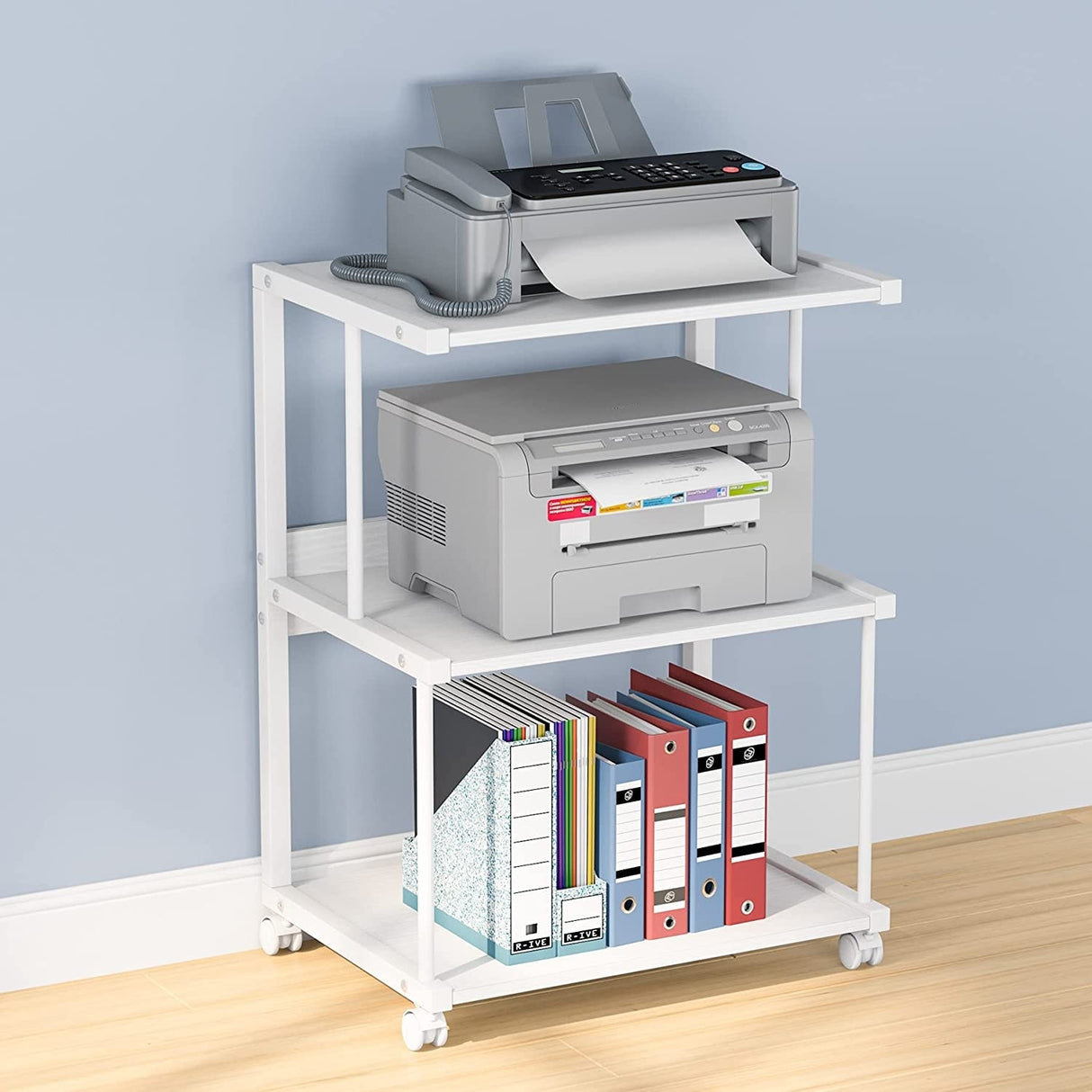 Printer Stand with Storage, Rolling Printer Table Machine Cart on Wheels, Mobile Printer Shelves for Office and Home