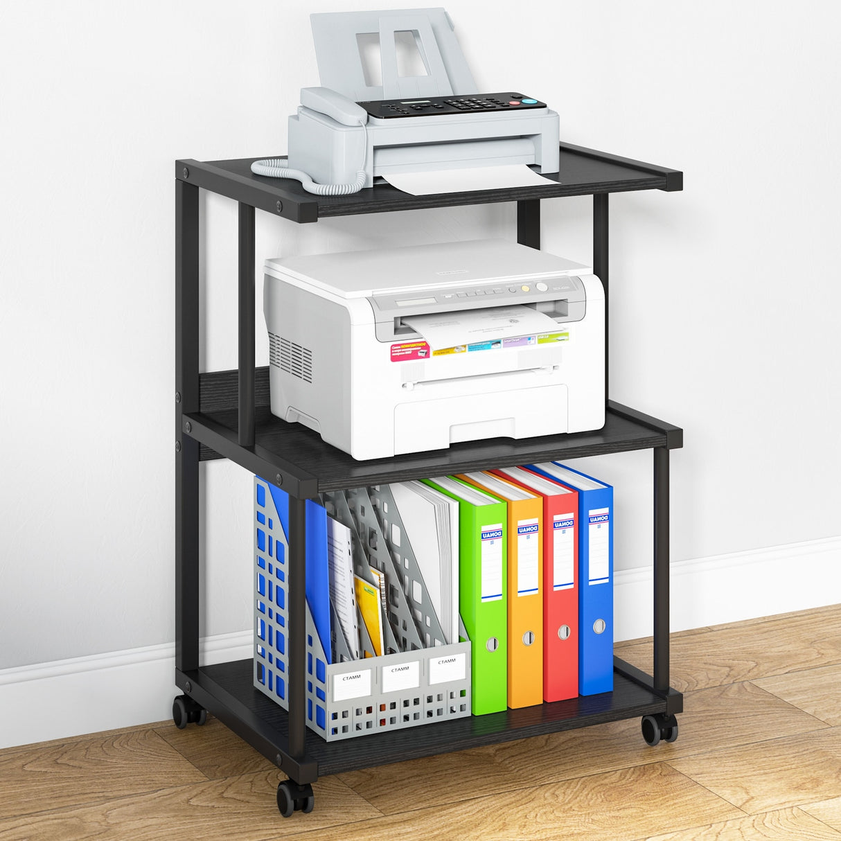 Printer Stand with Storage, Rolling Printer Table Machine Cart on Wheels, Mobile Printer Shelves for Office and Home