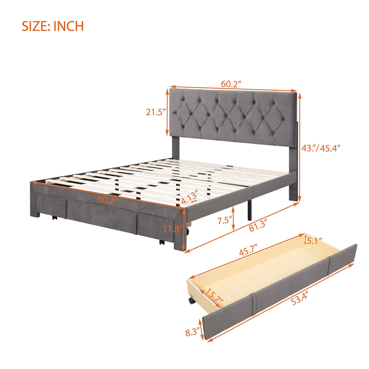 Queen Size Storage Bed Velvet Upholstered Platform Bed with a Big Drawer