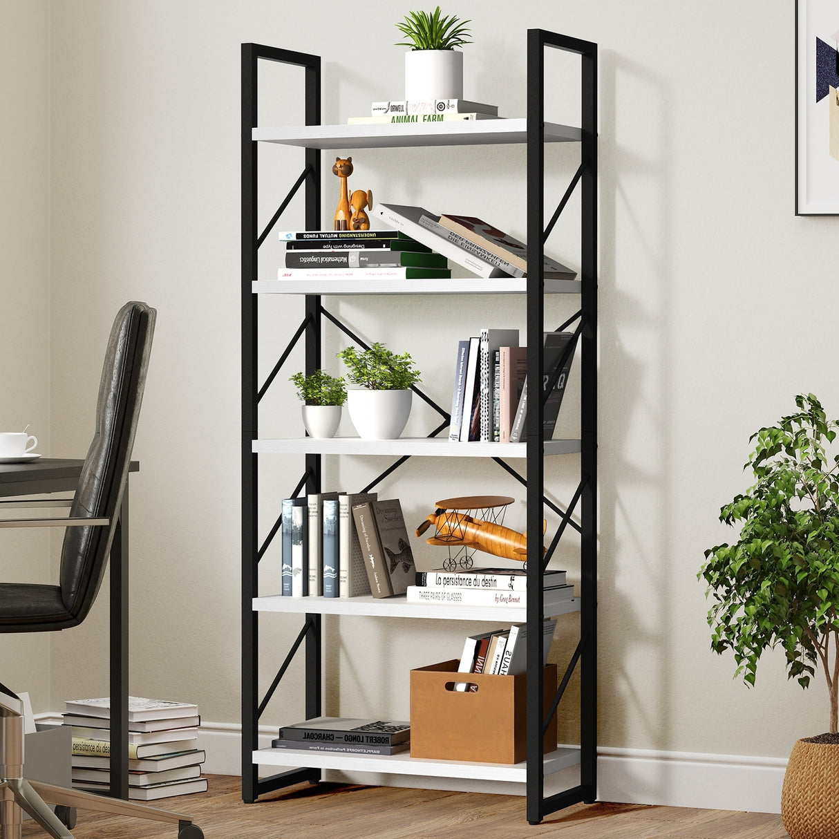 Roul Wood 5 Tiers Bookshelf Modern Bookcase Storage Rack Shelves