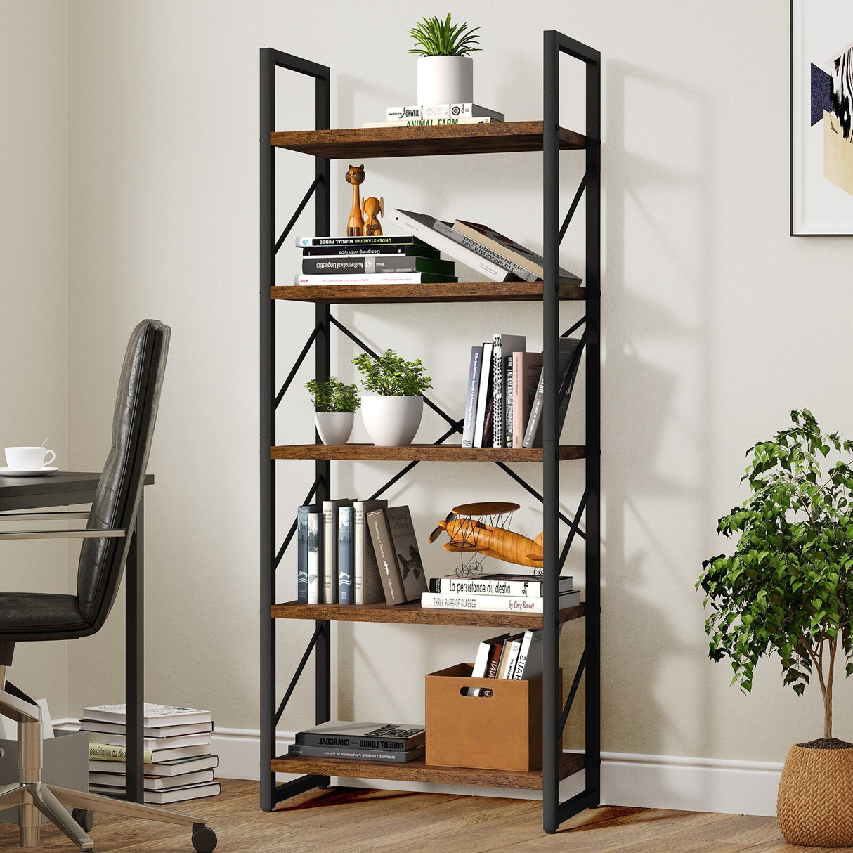 Roul Wood 5 Tiers Bookshelf Modern Bookcase Storage Rack Shelves