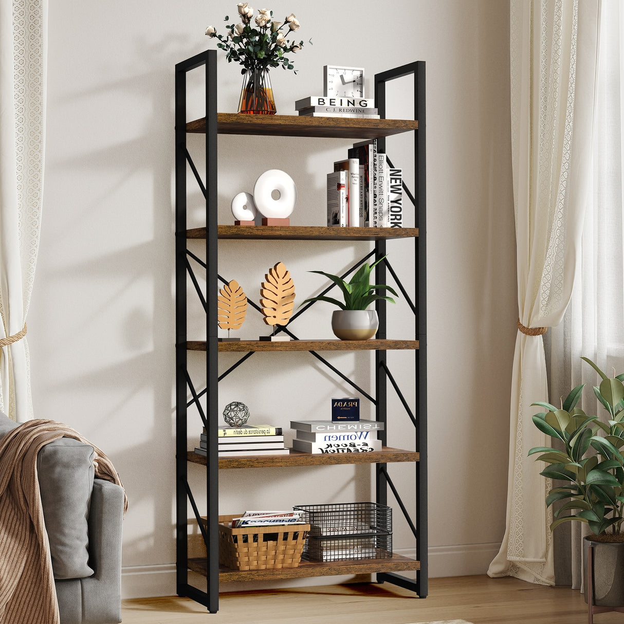 Roul Wood 5 Tiers Bookshelf Modern Bookcase Storage Rack Shelves