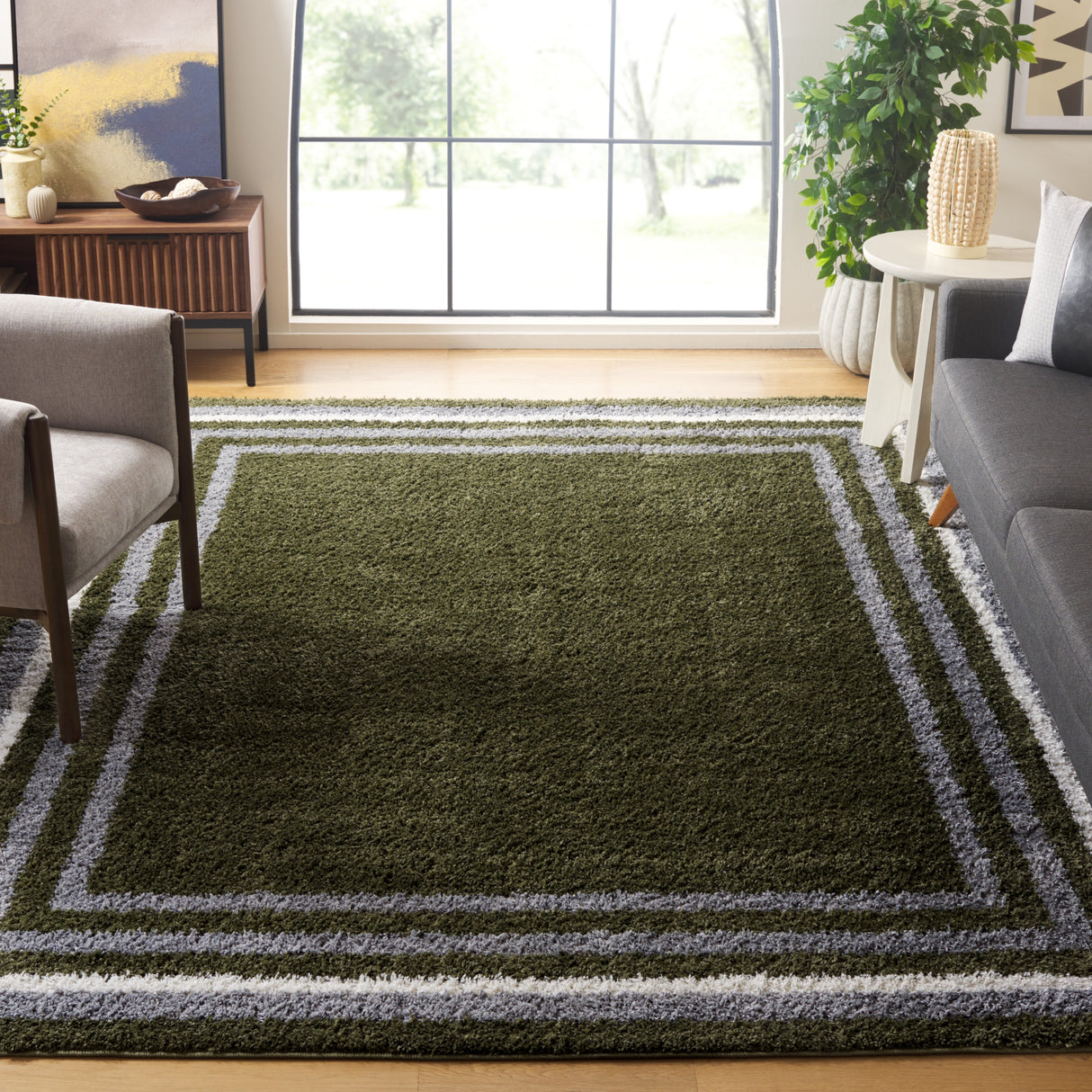 SAFAVIEH Border & Stripe Shag Rigoberta Modern 1.4-inch Thick