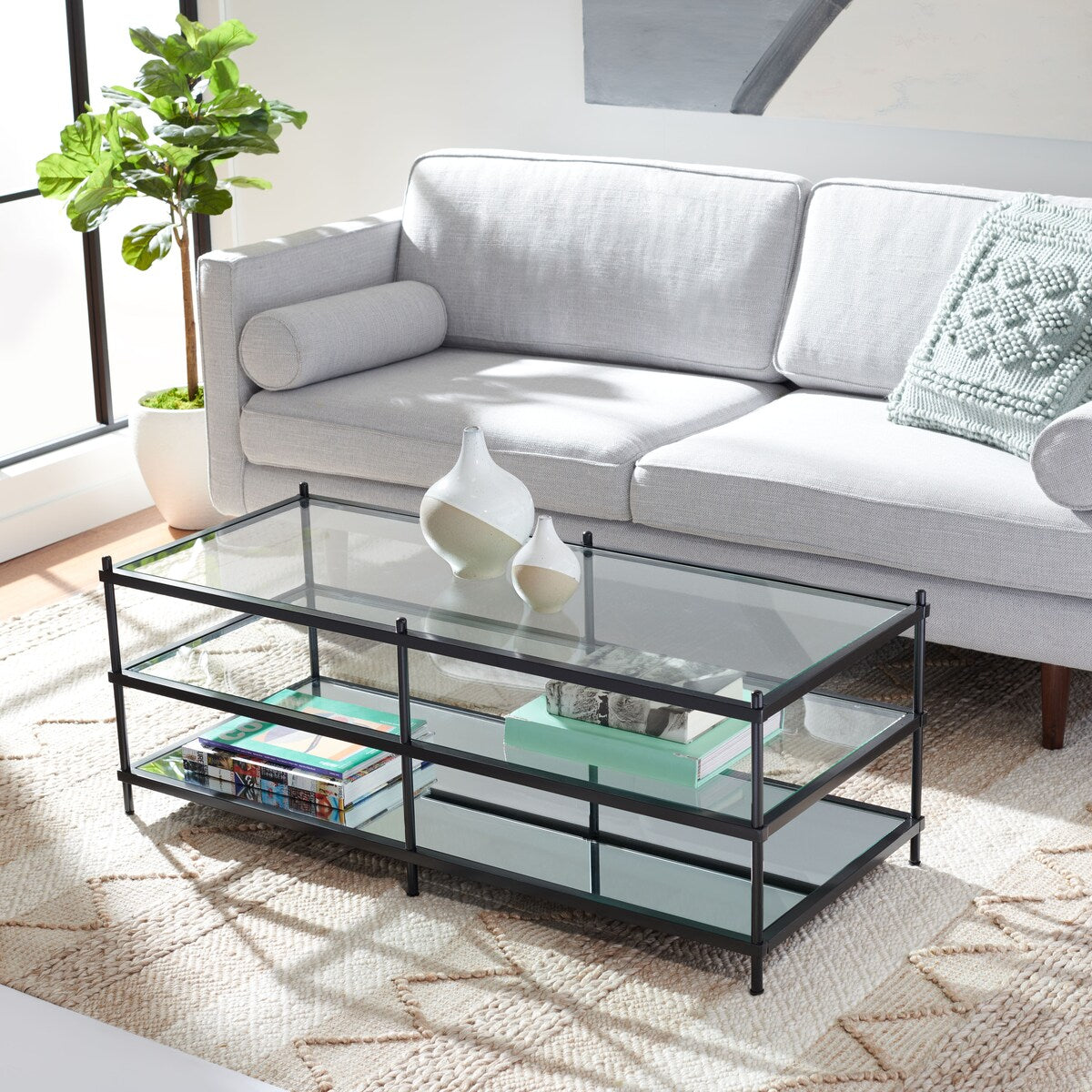 SAFAVIEH Cloe Glass 3-Tier Storage Display Coffee Table - 47.5" W x 20" L x 17.5" H - 48Wx20Dx18H