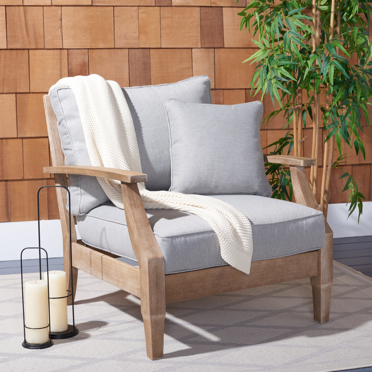 SAFAVIEH Couture Freida Wood Patio Arm Chair - 31.4" W x 35.6" L x 32.6" H - 31W x 36D x 33H