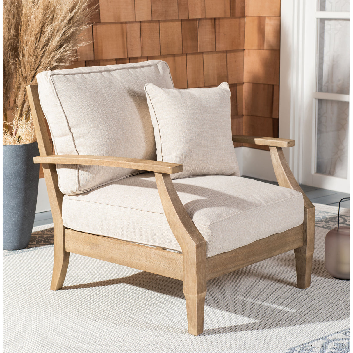 SAFAVIEH Couture Freida Wood Patio Arm Chair - 31.4" W x 35.6" L x 32.6" H - 31W x 36D x 33H