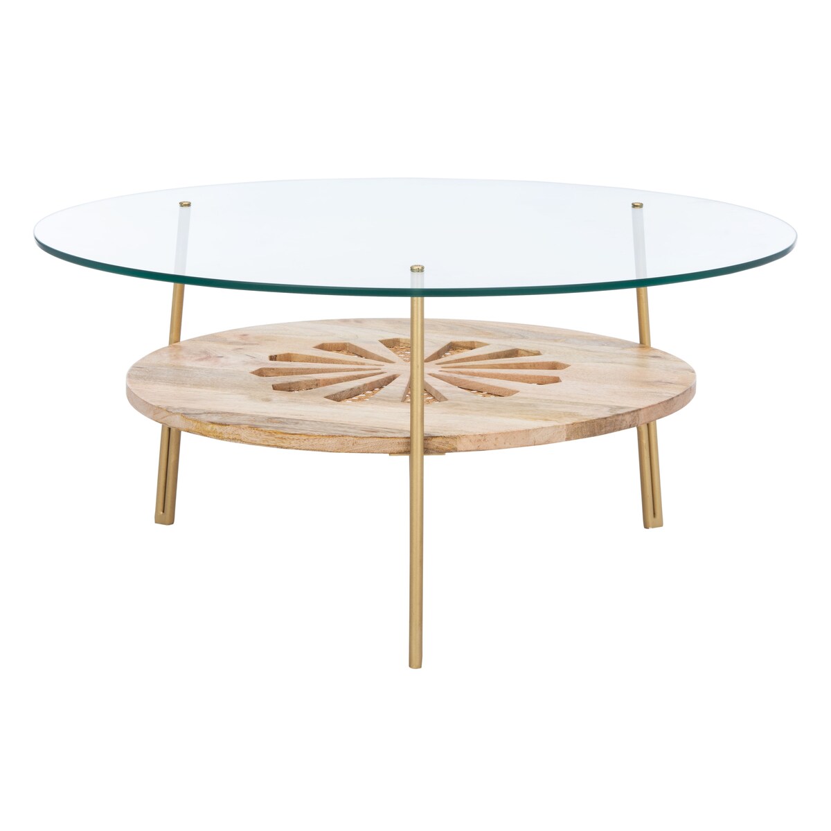 SAFAVIEH Emmanouela Round Natural Wood And Glass Coffee Table - 29" x 29" x 13.6" - 29Wx29Dx14H