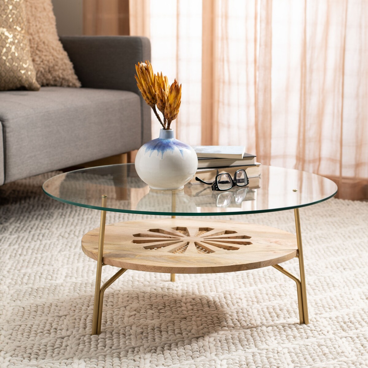 SAFAVIEH Emmanouela Round Natural Wood And Glass Coffee Table - 29" x 29" x 13.6" - 29Wx29Dx14H