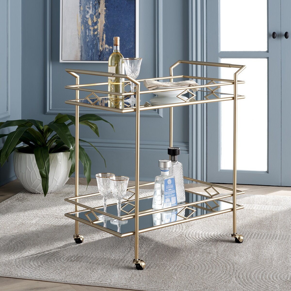 SAFAVIEH Estelina 2-Tier Bar Cart - 28.5 In. W x 18.5 In. D x 34 In. H - 29Wx19Dx34H