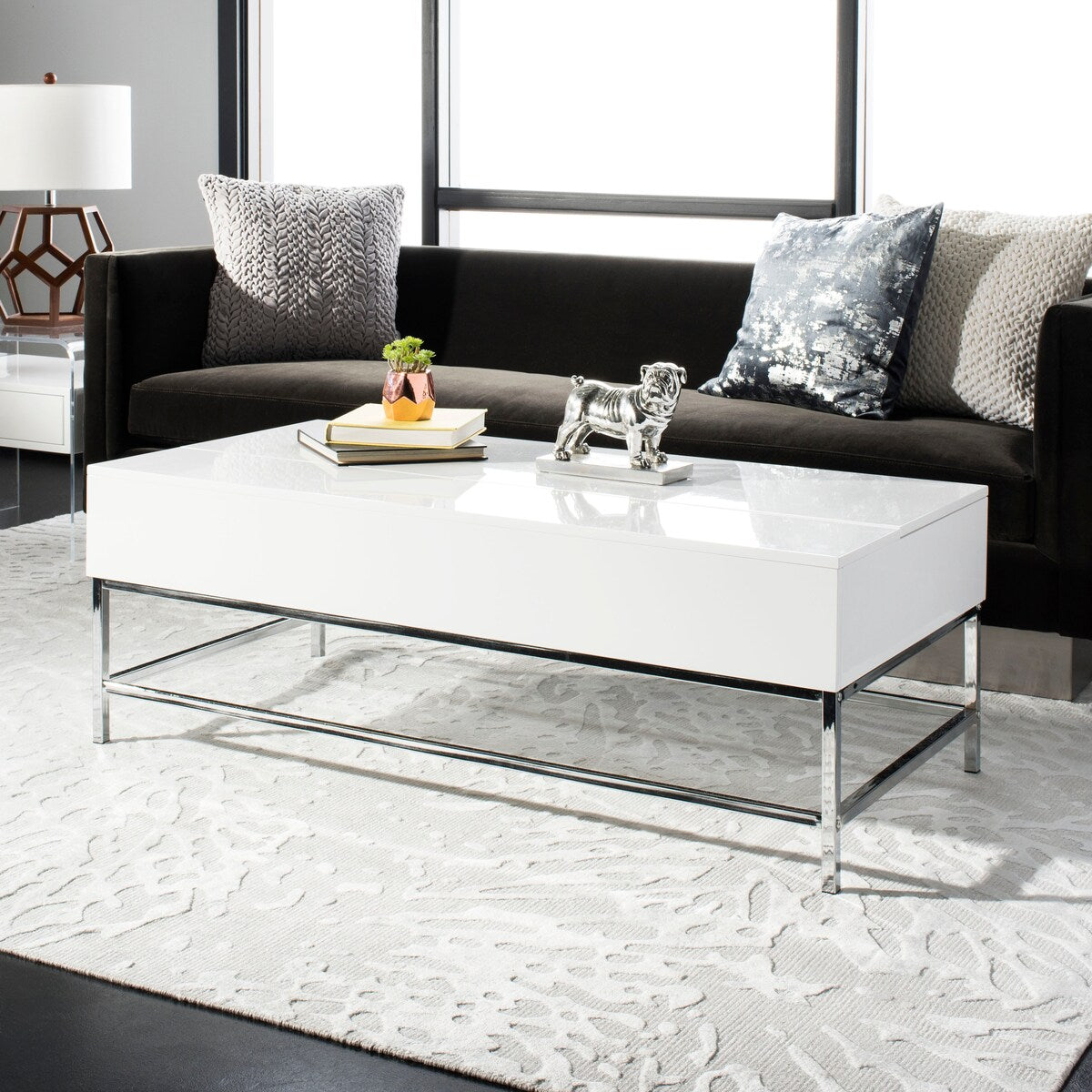 SAFAVIEH Evangelina White Chrome Lift-Top Coffee Table - 50" W x 26" L x 17.8" - 21.3" H - 50Wx26Dx18H