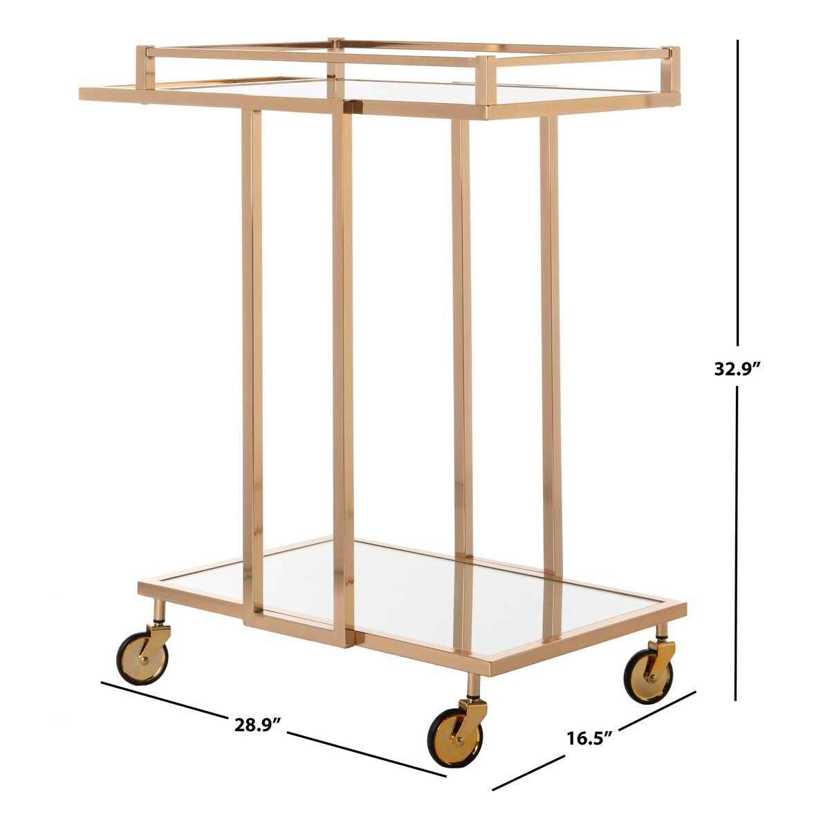 SAFAVIEH Fawzia 2-Tier Bar Cart-Gold / Mirror - 28.9" x 16.5" x 32.9" - 29Wx17Dx33H