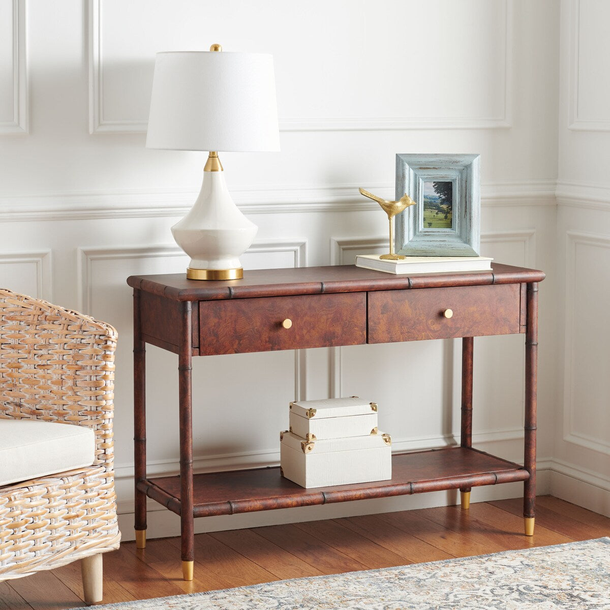 SAFAVIEH Franc Dark Brown/ Gold 2-Drawer 1-Shelf Console Table - 42" W x 15.8" L x 29" H - 42Wx16Dx29H