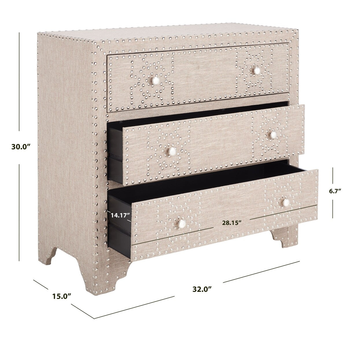 SAFAVIEH Jaike Grey 3-Drawer Silver Nailhead Chest - 32Wx15Dx30H