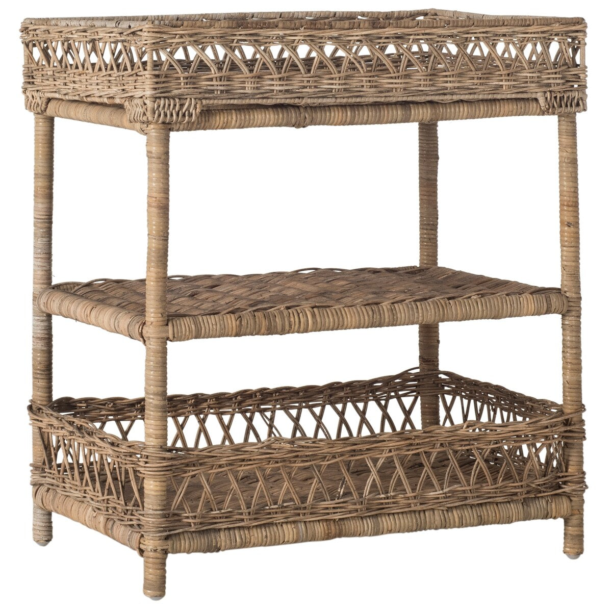 SAFAVIEH Kanella Grey 3-Tier Rattan Farmhouse Rack - 23.6" x 15.7" x 27.5" - 24Wx16Dx28H