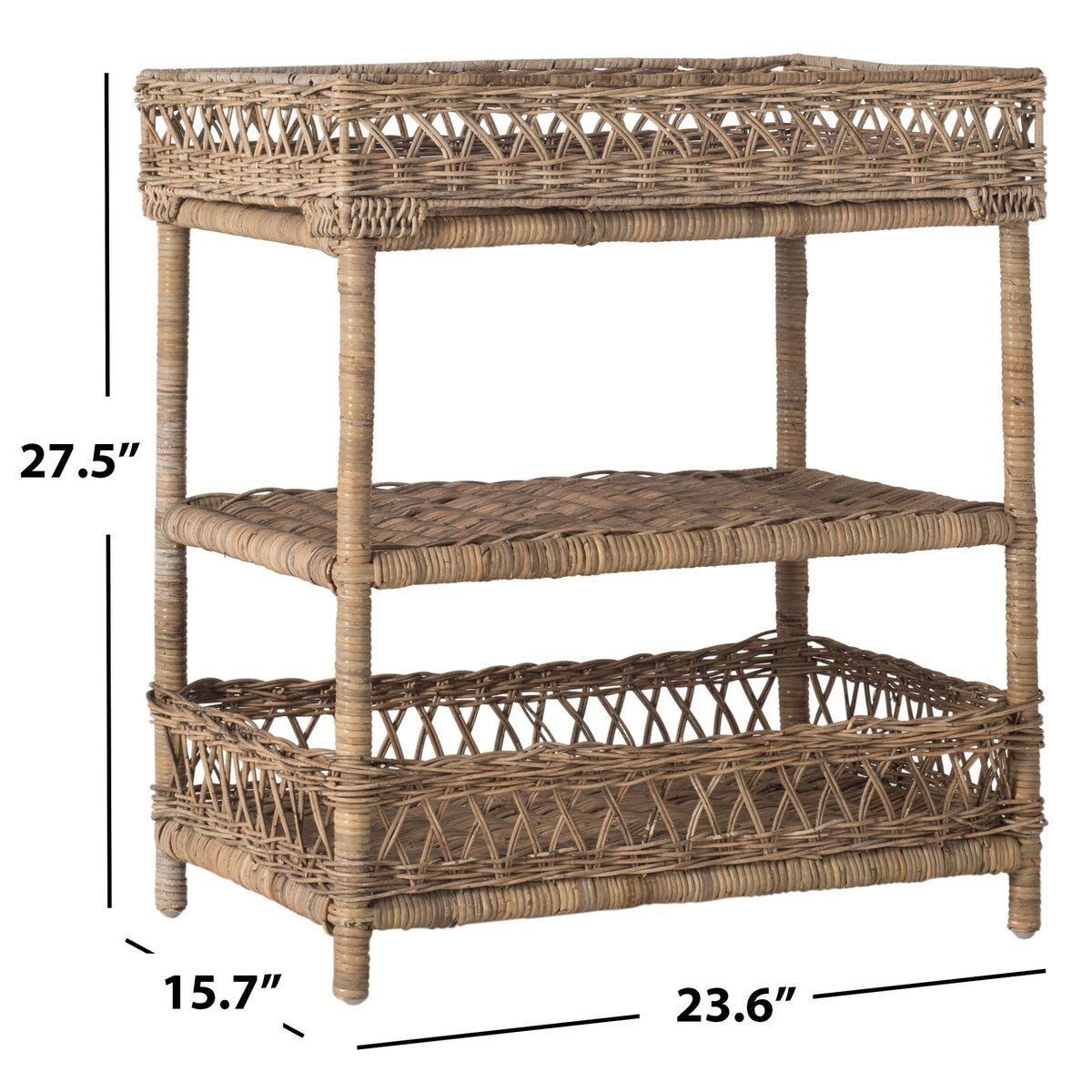 SAFAVIEH Kanella Grey 3-Tier Rattan Farmhouse Rack - 23.6" x 15.7" x 27.5" - 24Wx16Dx28H