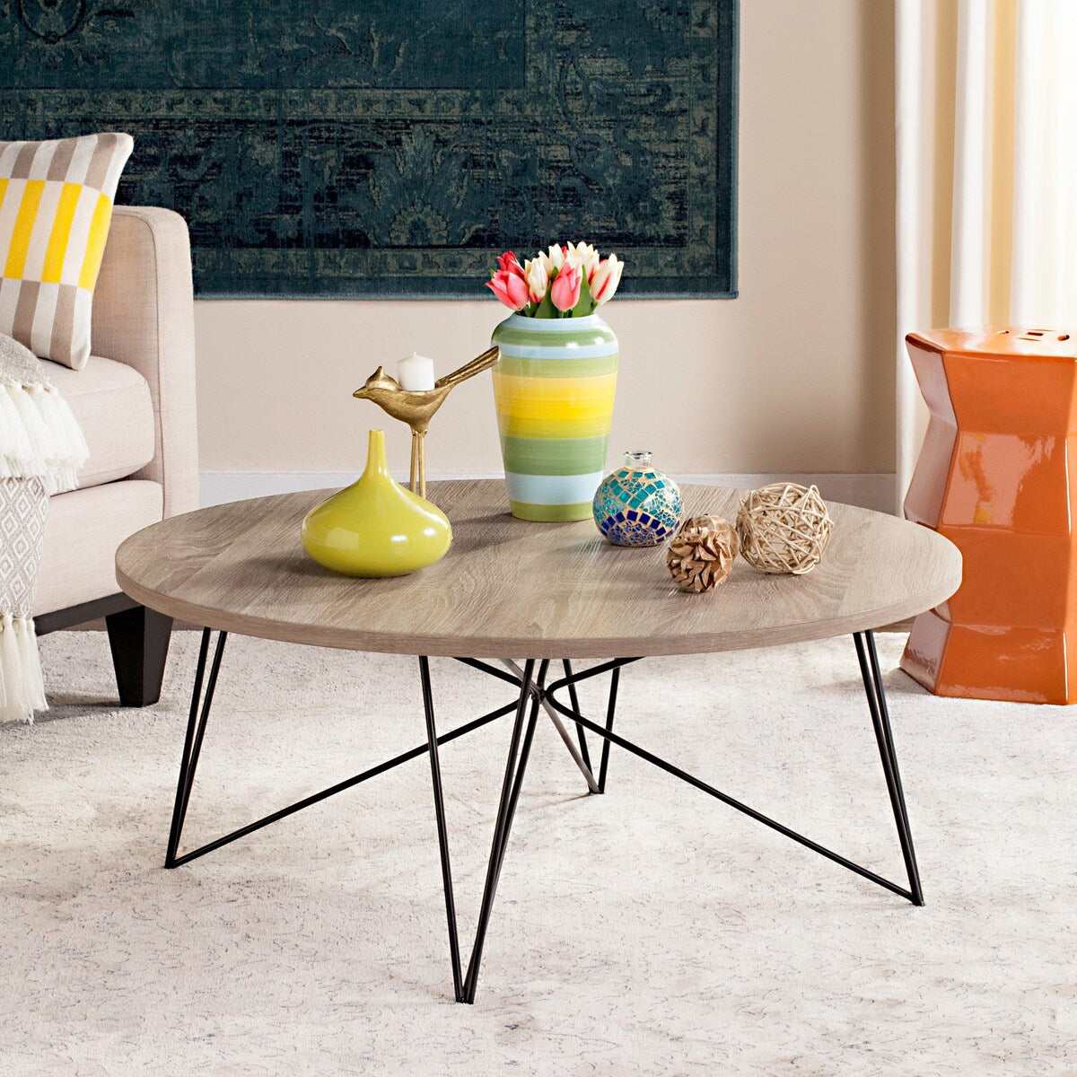 SAFAVIEH Karin Mid-Century Modern Light Grey/Black Coffee Table - 33.5" x 33.5" x 14" - 34Wx34Dx14H