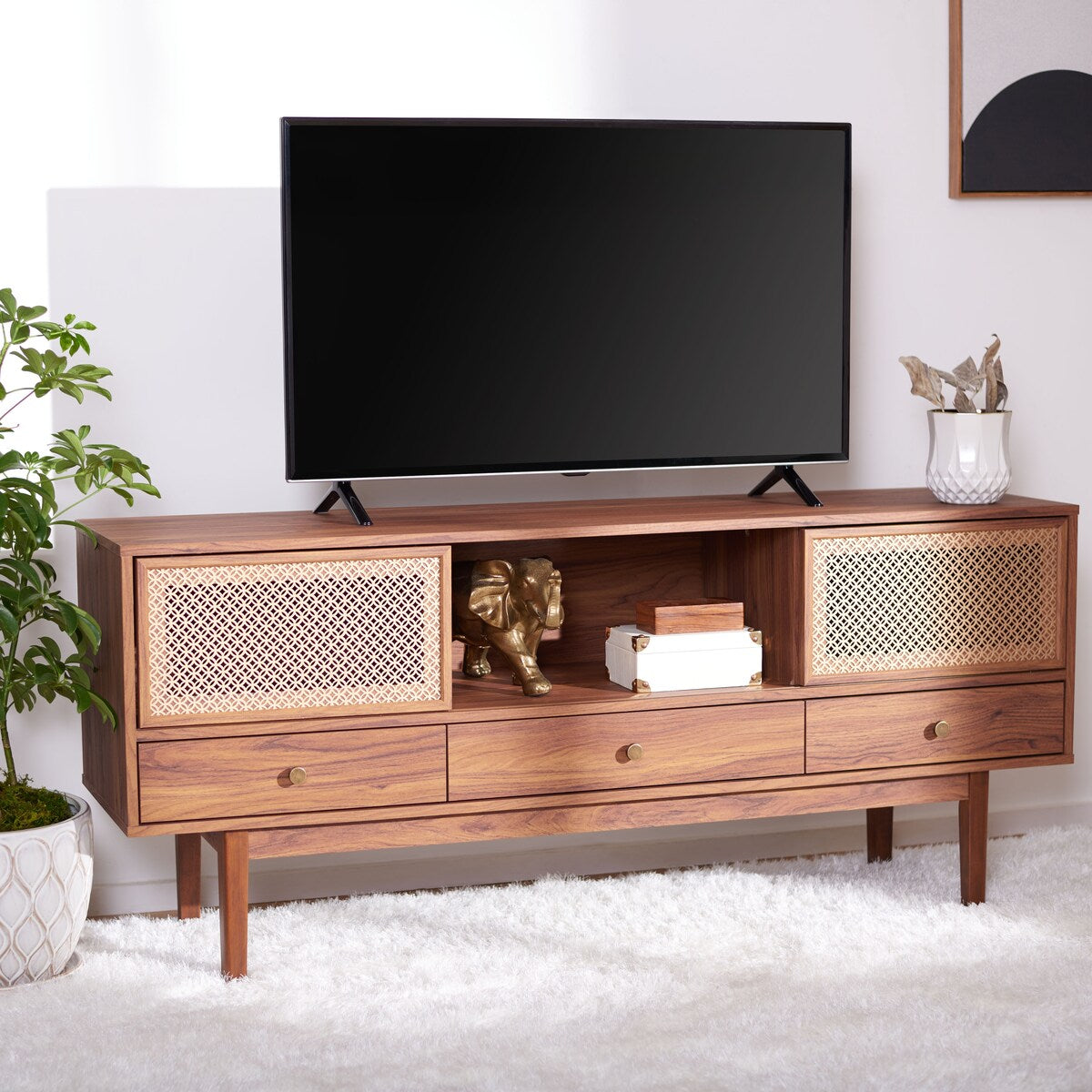 SAFAVIEH Karly Walnut/Gold 59-inch Storage TV Media Stand - 59" W x 15.4" D x 25.9" H - 59Wx15Dx26H